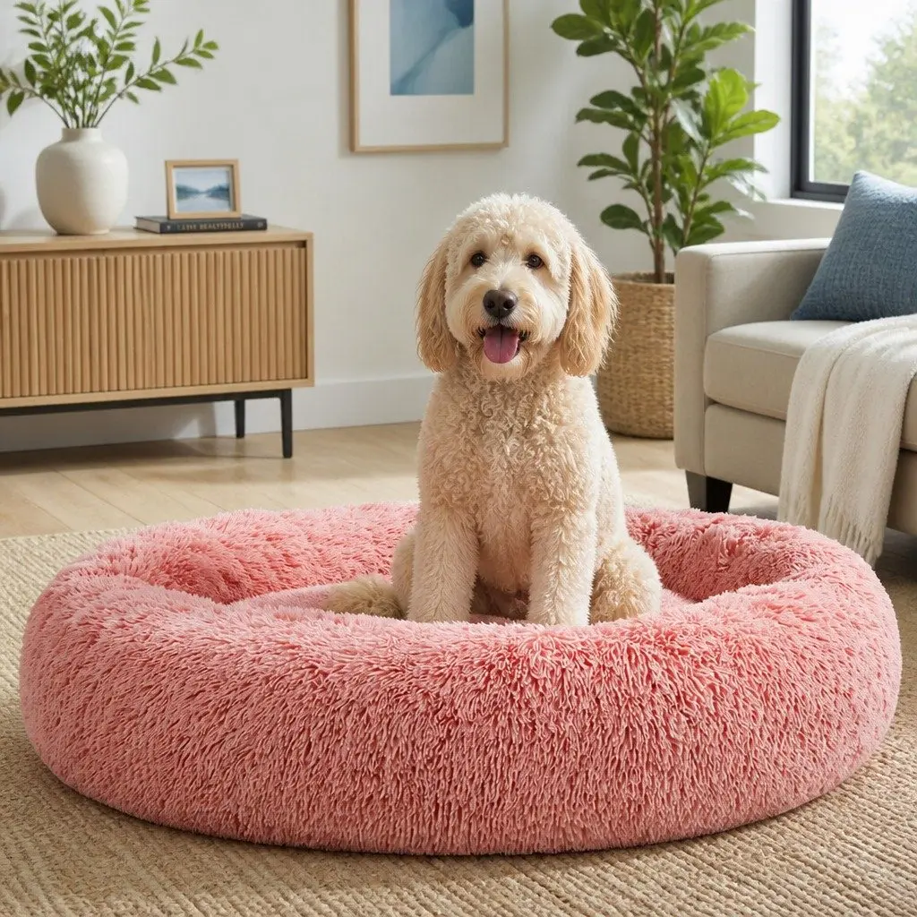 Extra Large Pet Bed for Dog Cat 110cm Soft Plush Calming Pink Washable Cover