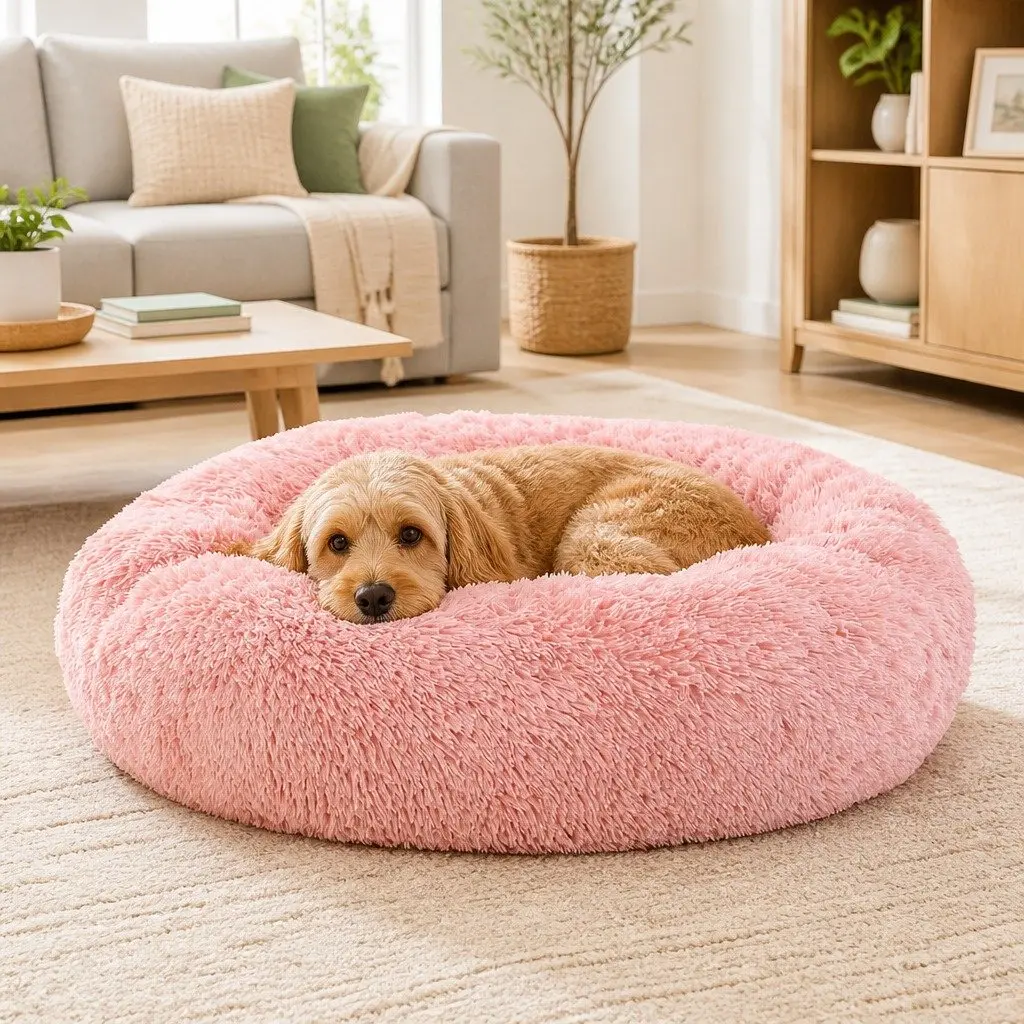 Large Pet Bed Dog Cat 90cm Calming Soft Plush Pink Non-Slip Base Washable Cover