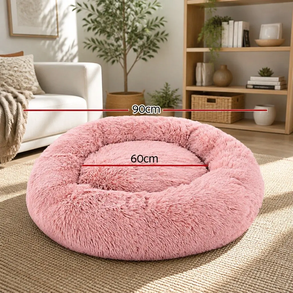 Large Pet Bed Dog Cat 90cm Calming Soft Plush Pink Non-Slip Base Washable Cover