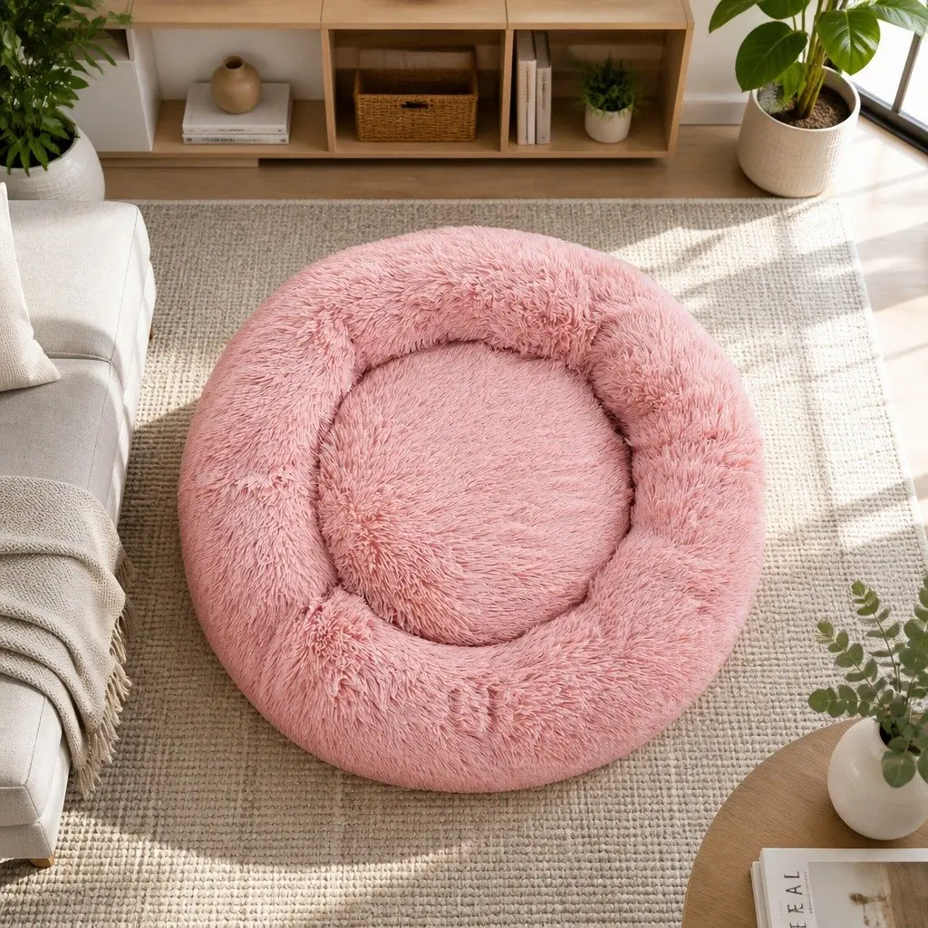 Large Pet Bed Dog Cat 90cm Calming Soft Plush Pink Non-Slip Base Washable Cover
