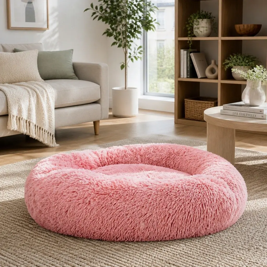 Large Pet Bed Dog Cat 90cm Calming Soft Plush Pink Non-Slip Base Washable Cover