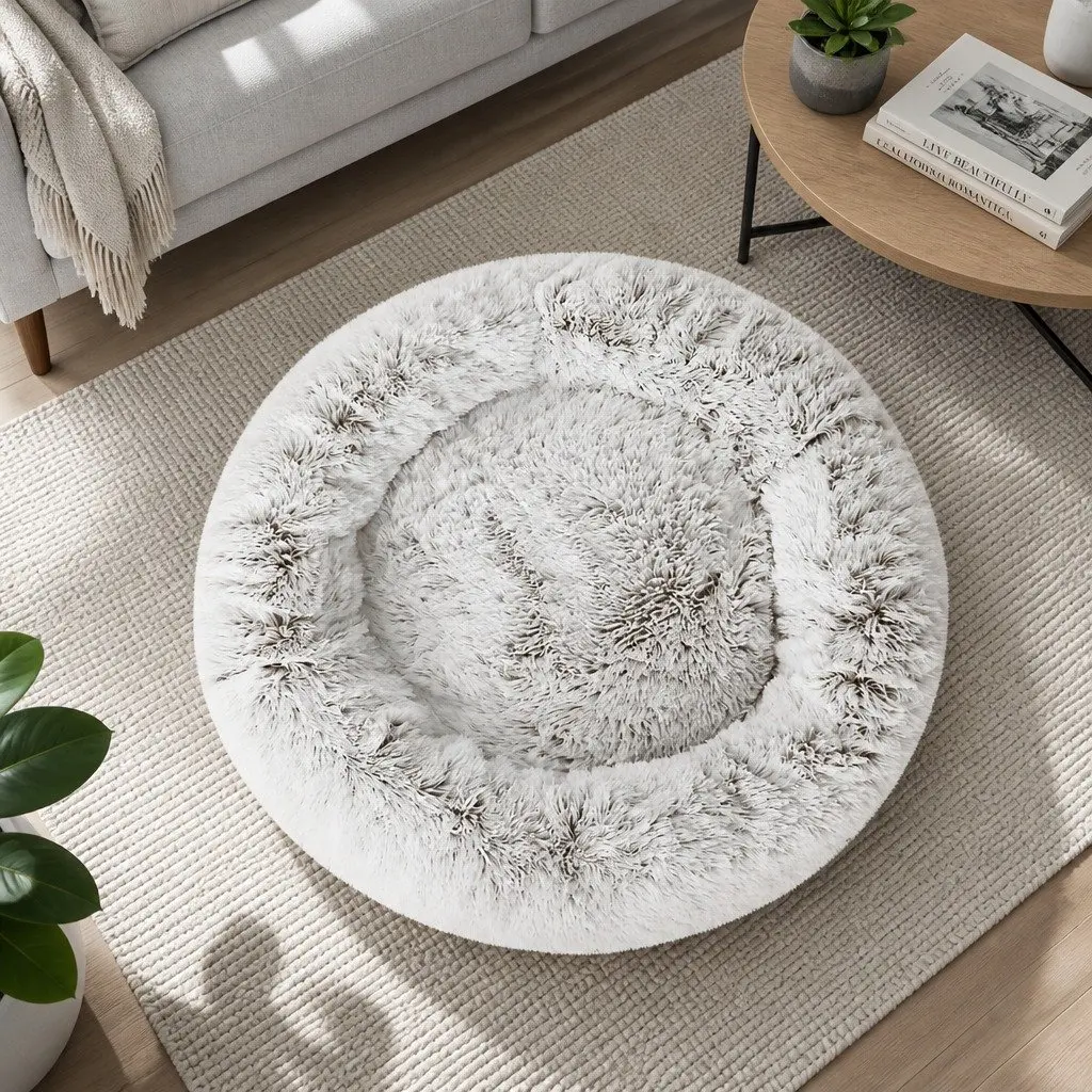 Large Pet Bed 90cm Dog Cat Calming Plush Soft Washable White Brown