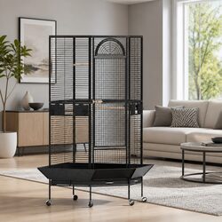 Large Black Bird Cage Aviary Stand Parrot Budgie Jumbo Corner Wheels Perches