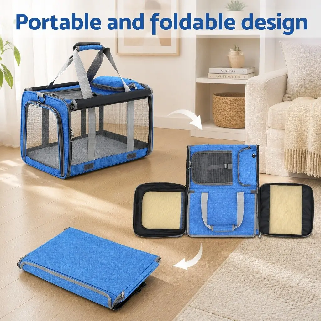 Pet Carrier Backpack Foldable Dog Cat Travel Bag Portable Crate Kennel Blue