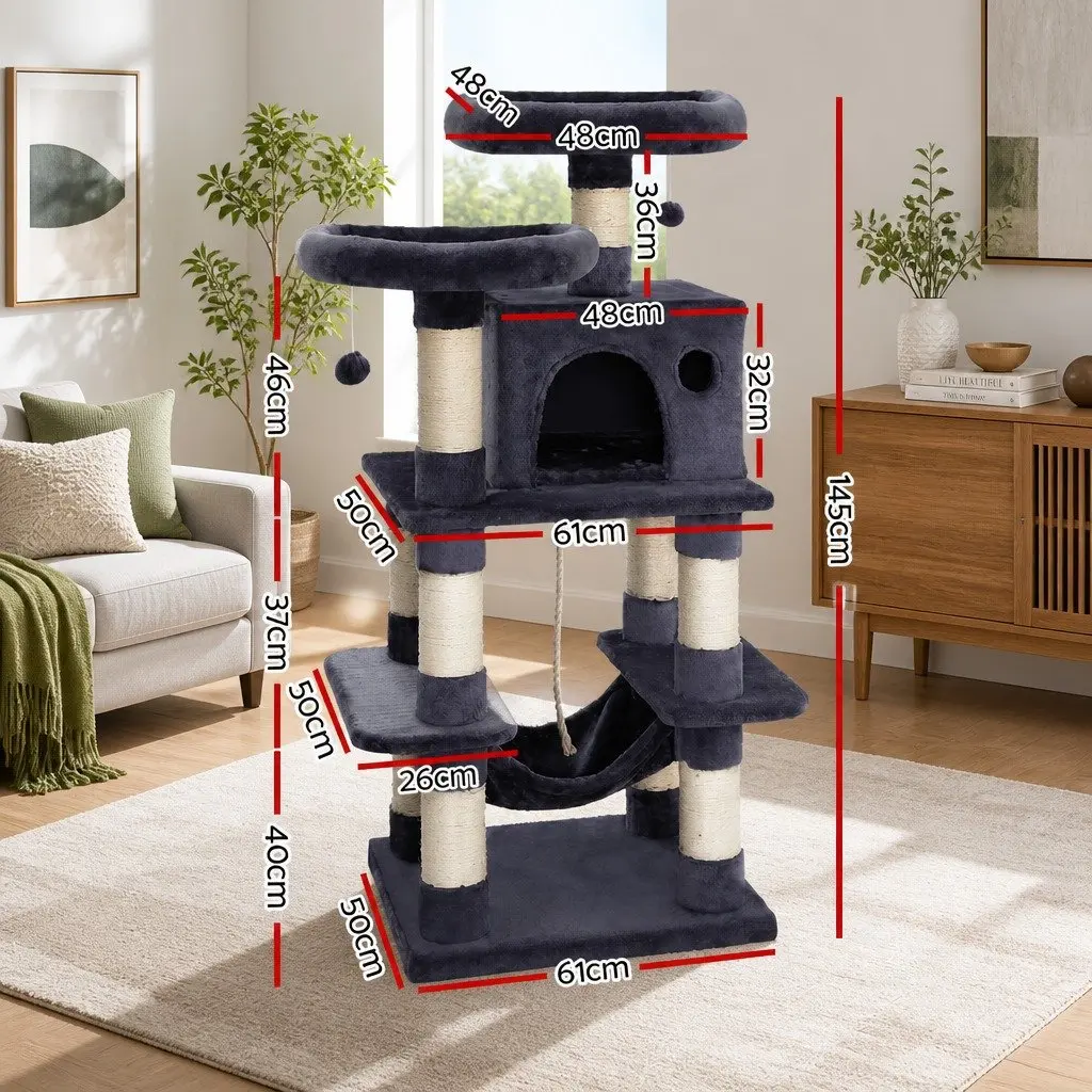 Cat Tree for Cats 145cm Multi-Level Scratching Post Condo House Large Bed Grey