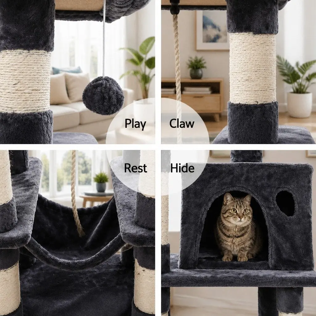 Cat Tree for Cats 145cm Multi-Level Scratching Post Condo House Large Bed Grey
