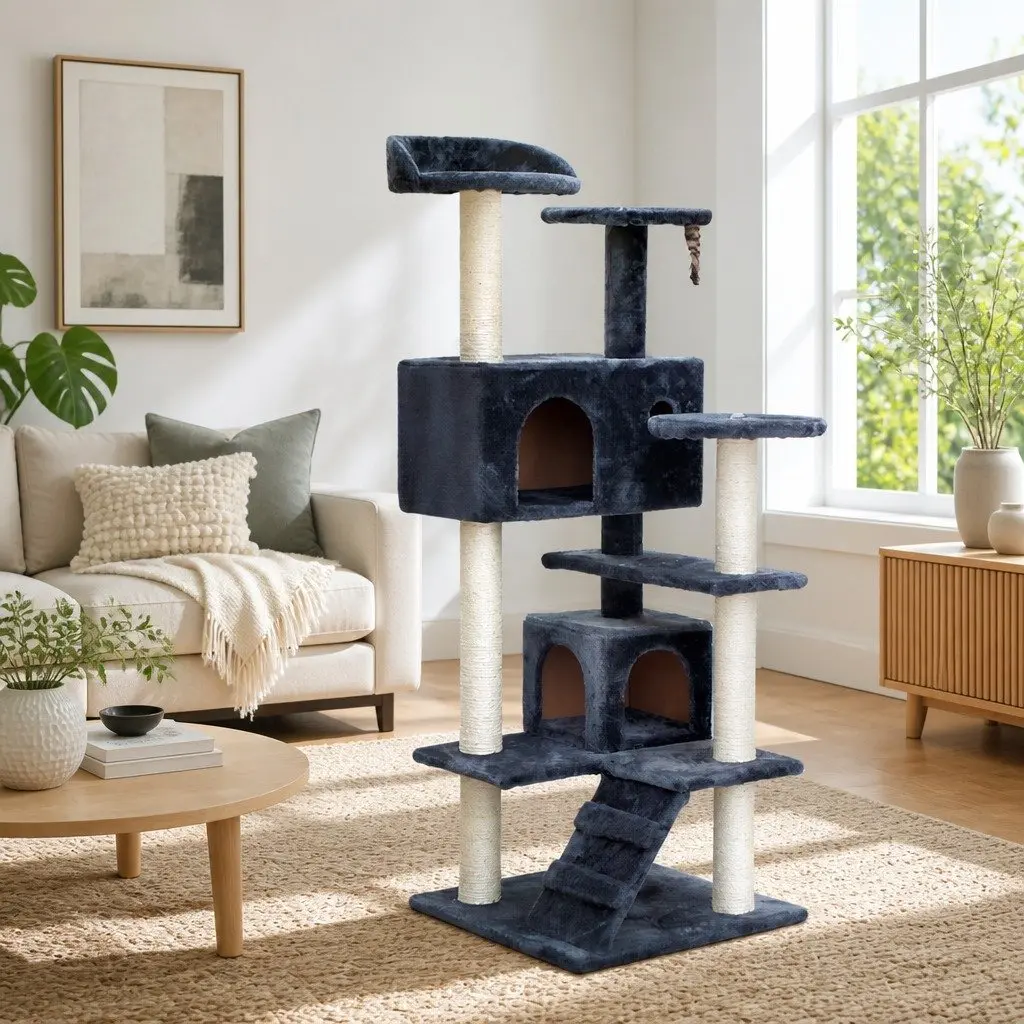 Cat Tree for Cats 134cm Tall Wooden Condo with Plush Bed Grey