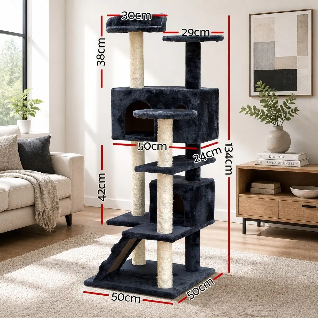 Cat Tree for Cats 134cm Tall Wooden Condo with Plush Bed Grey