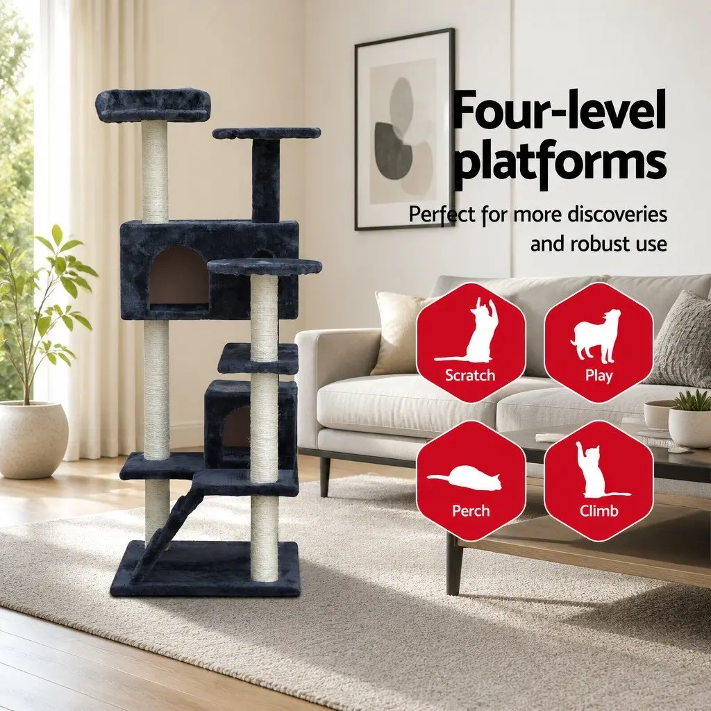 Cat Tree for Cats 134cm Tall Wooden Condo with Plush Bed Grey