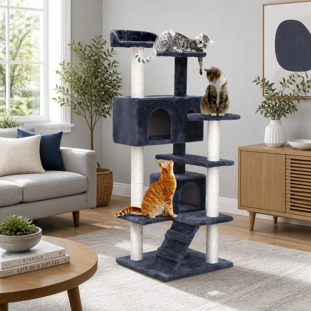 Cat Tree for Cats 134cm Tall Wooden Condo with Plush Bed Grey