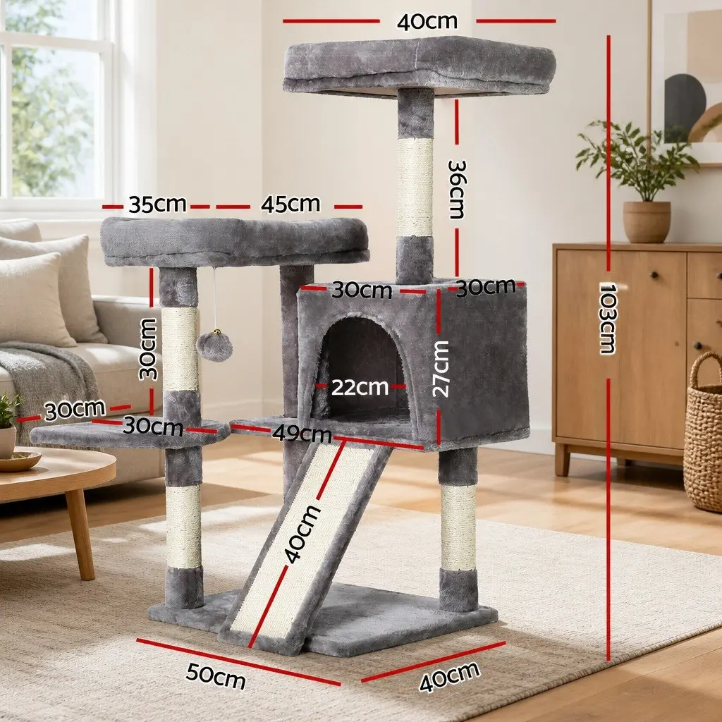 Cat Tree 103cm Tower Scratching Post Condo House Multi-Level Platforms Grey