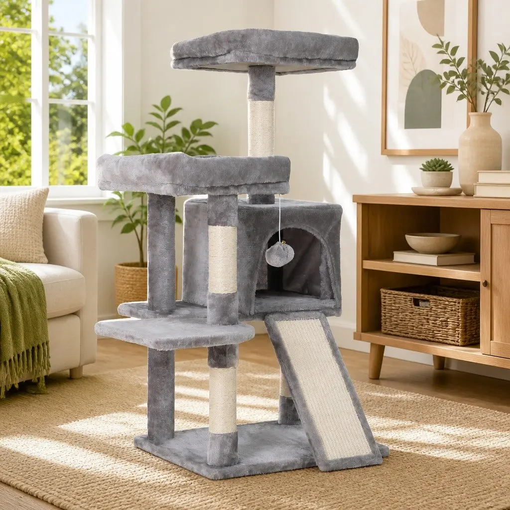 Cat Tree 103cm Tower Scratching Post Condo House Multi-Level Platforms Grey