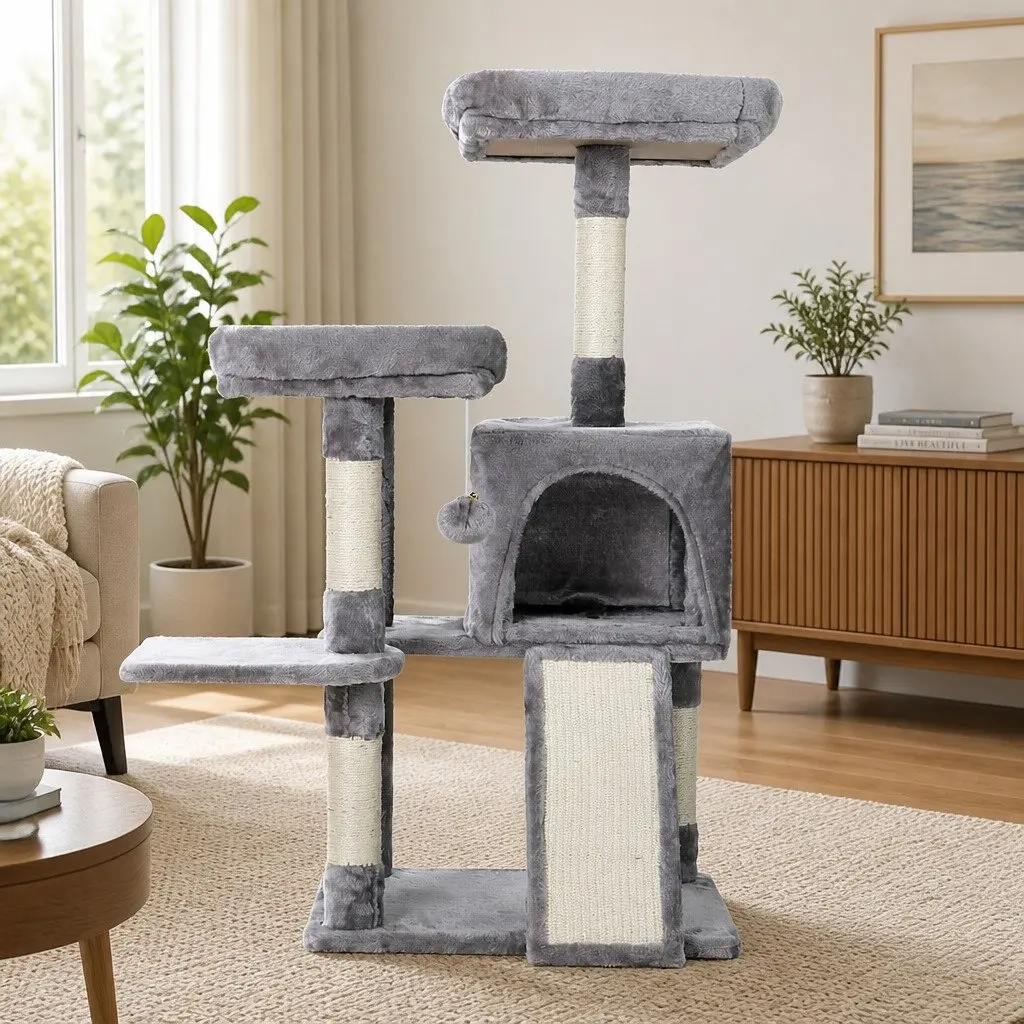Cat Tree 103cm Tower Scratching Post Condo House Multi-Level Platforms Grey