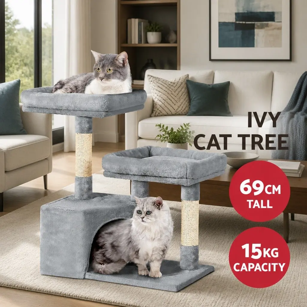 Cat Scratching Post 69cm Tree Tower Multi-Level Condo House Bed Grey Wood