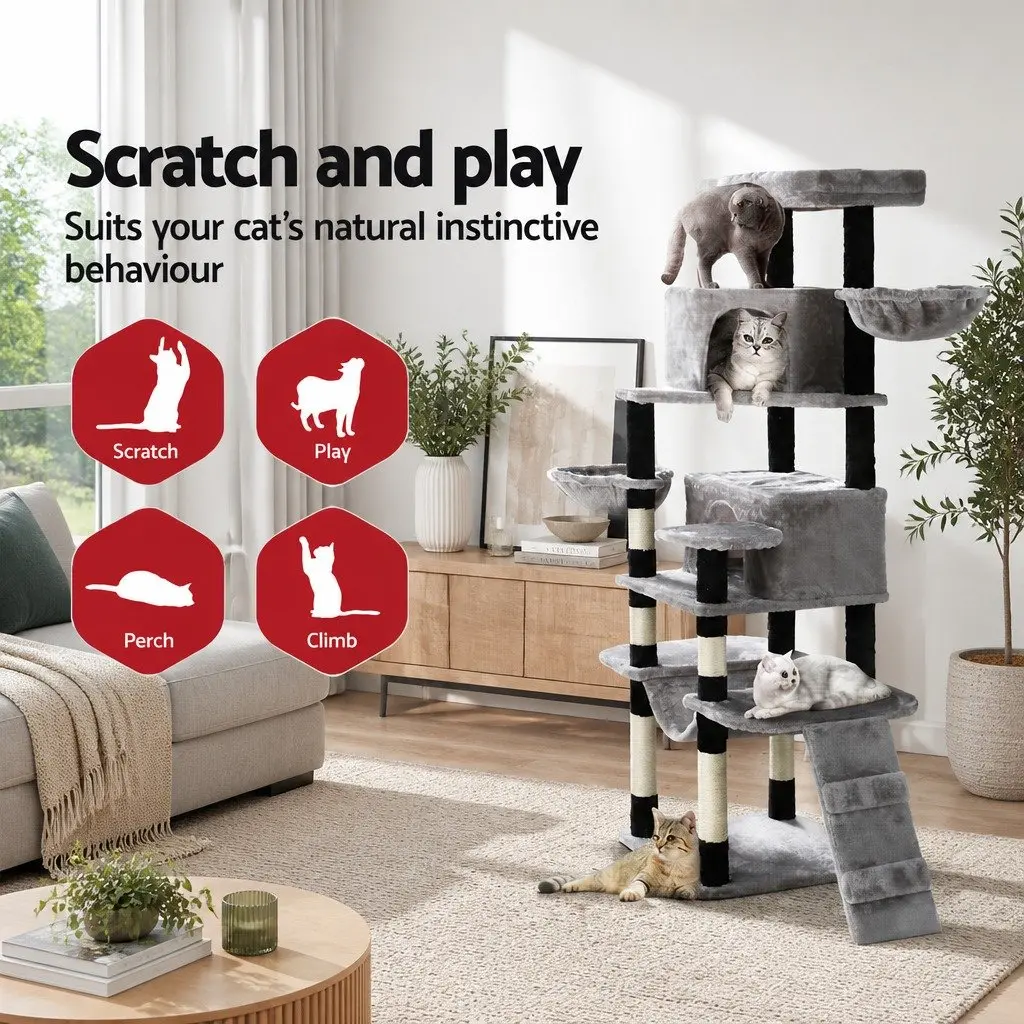 Cat Tree 161cm Tower Scratching Post Condo House Bed Multi-Level Play Grey