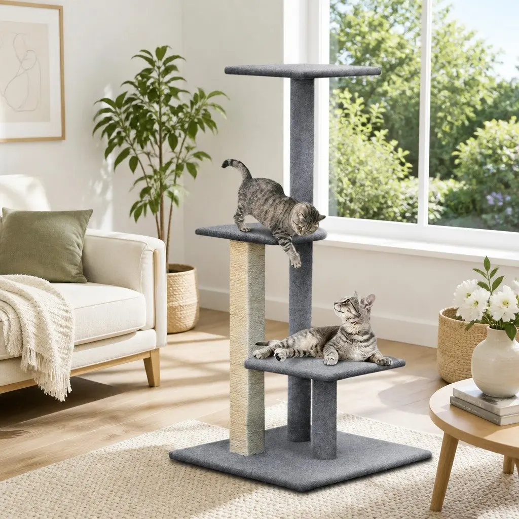 Cat Tree 124cm Scratching Post Tower Multi-Level Condo Perch Climbing Grey