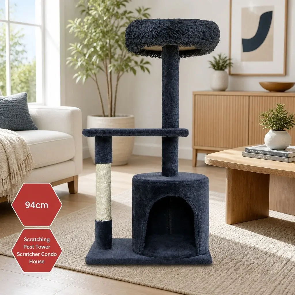 Cat Tree 94cm Scratching Post Tower Condo House Multi-Level Play Climbing Grey