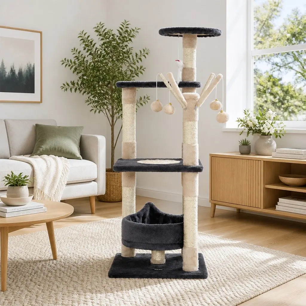 Cat Tree for Cats 110cm Multi-Level Scratching Post Condo House with Toys Grey Wood