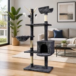 Cat Tree 140cm Scratching Post Tower Bed Hammock Toys Condo Grey