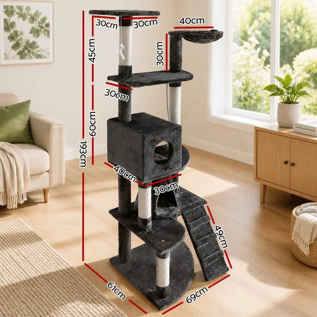 Cat Tree Tower 193cm Scratching Post Condo House Multi-level Climbing Grey