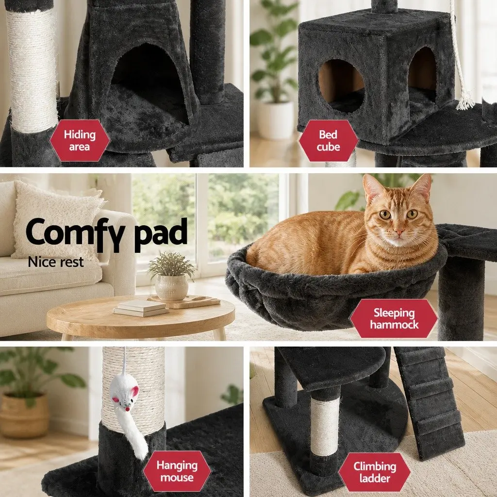 Cat Tree Tower 193cm Scratching Post Condo House Multi-level Climbing Grey