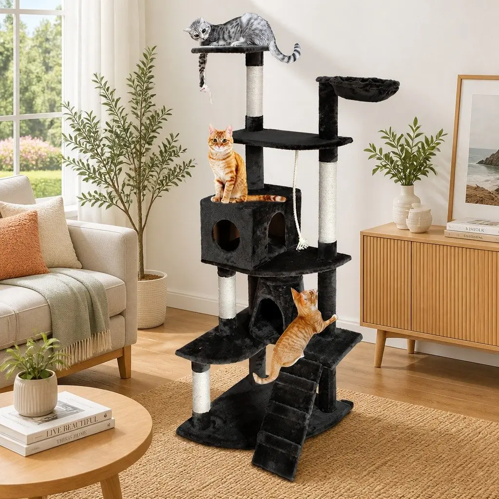Cat Tree Tower 193cm Scratching Post Condo House Multi-level Climbing Grey