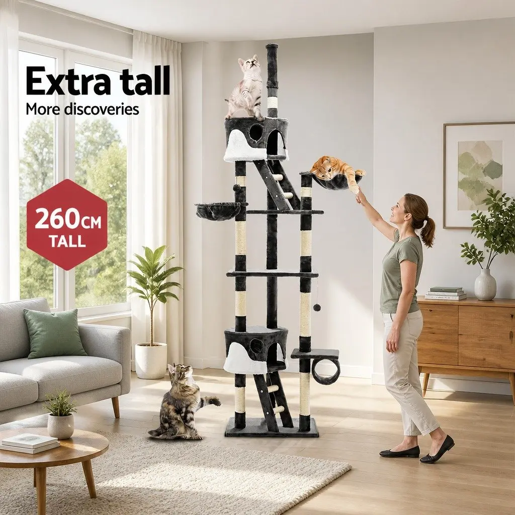 260cm Grey Cat Tree with Detailed