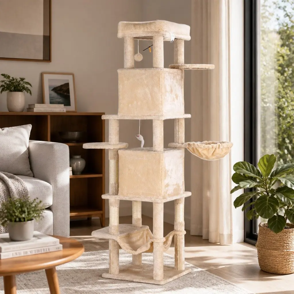 Cat Tree Tower for Cats 167cm Large Multi-Level Scratching Post Beige