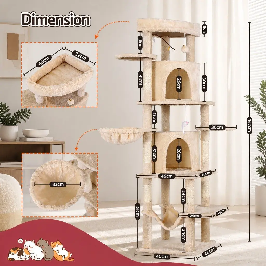 Cat Tree Tower for Cats 167cm Large Multi-Level Scratching Post Beige
