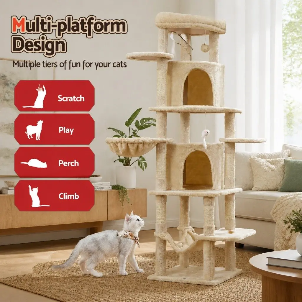 Cat Tree Tower for Cats 167cm Large Multi-Level Scratching Post Beige