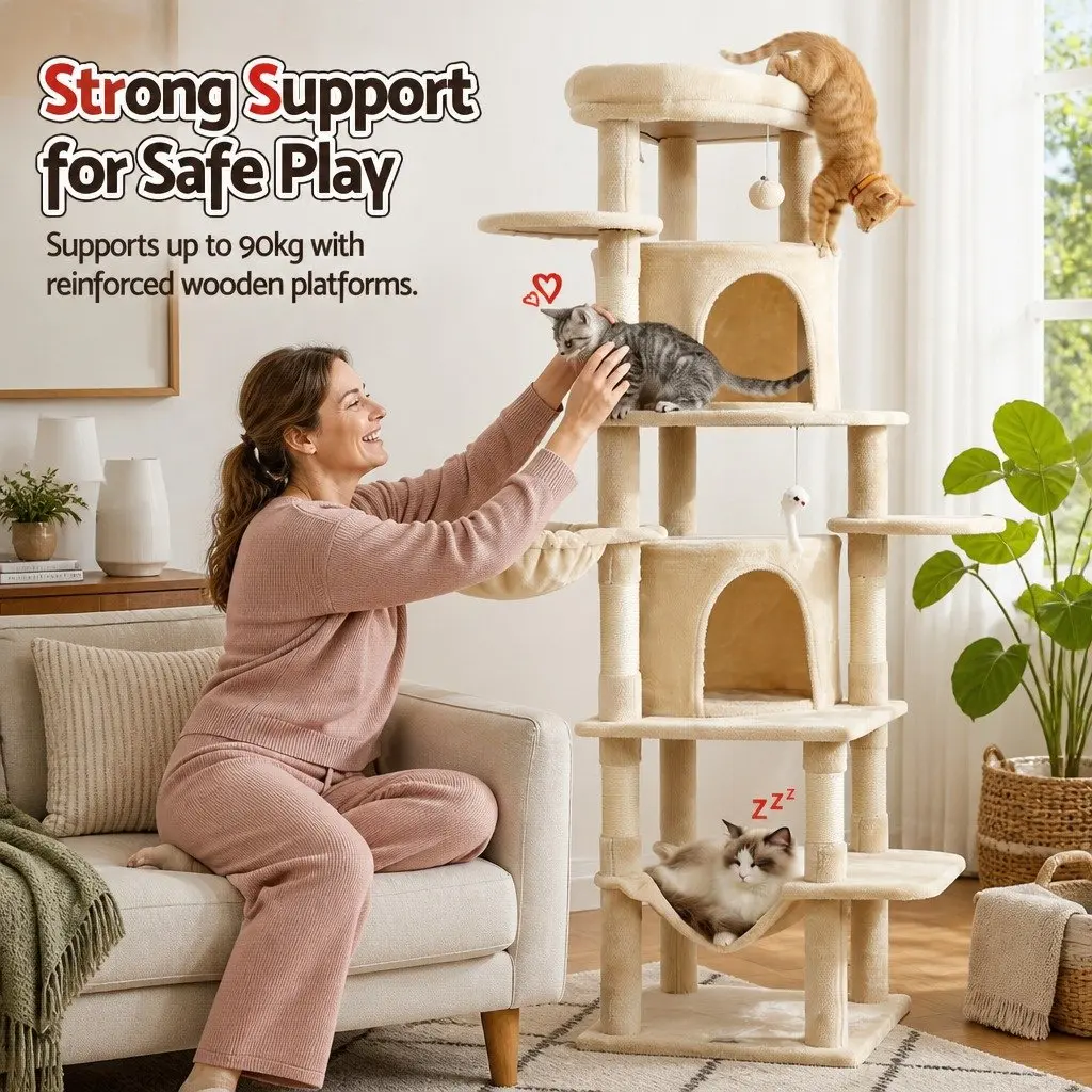 Cat Tree Tower for Cats 167cm Large Multi-Level Scratching Post Beige