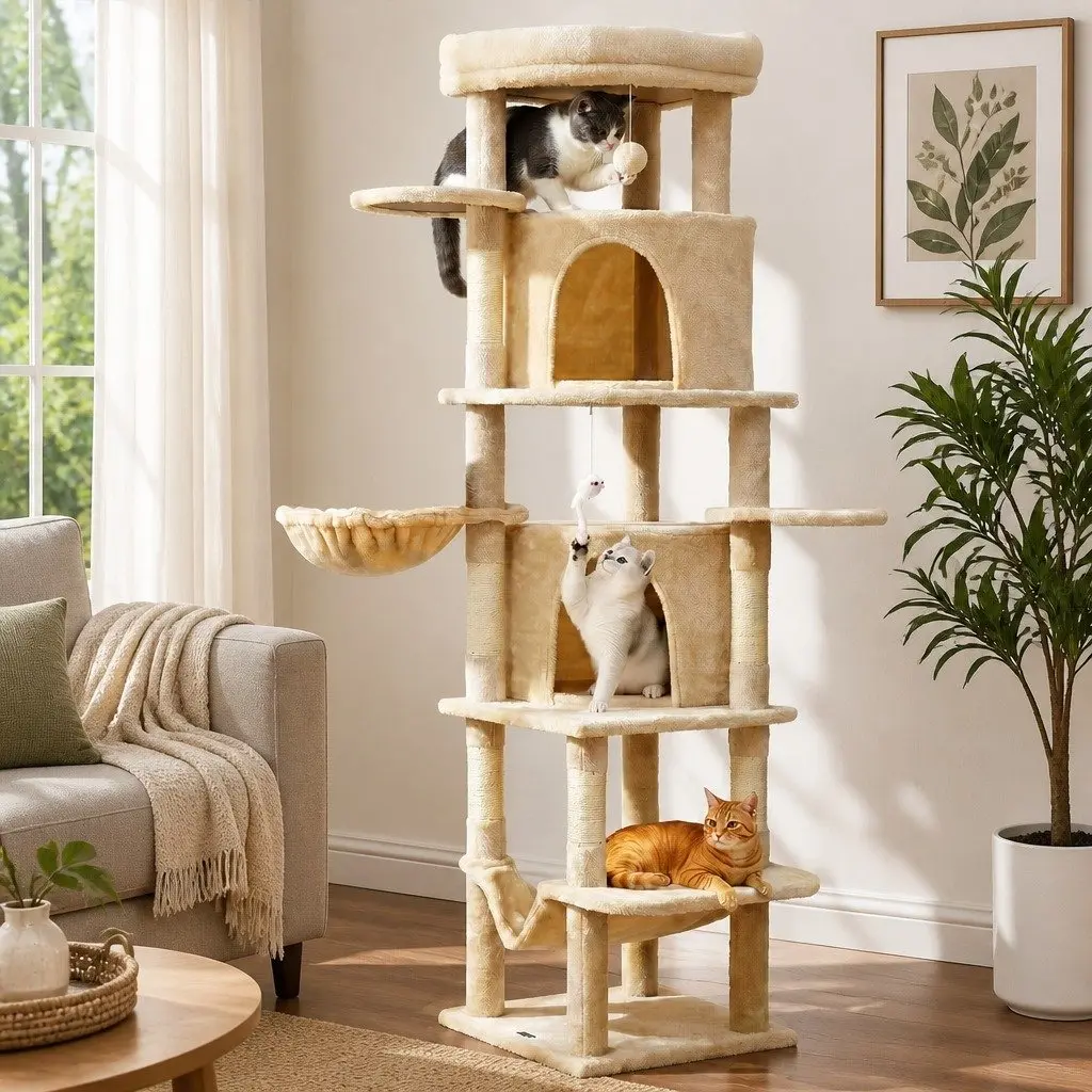 Cat Tree Tower for Cats 167cm Large Multi-Level Scratching Post Beige