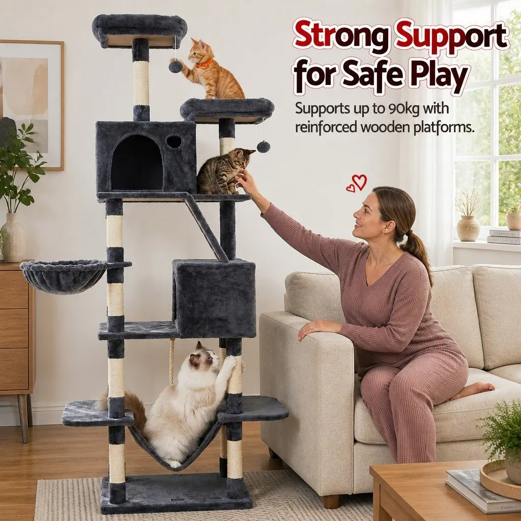 Cat Tree Tower 206cm Large Multi-Level Scratching Post Furniture Plush Grey