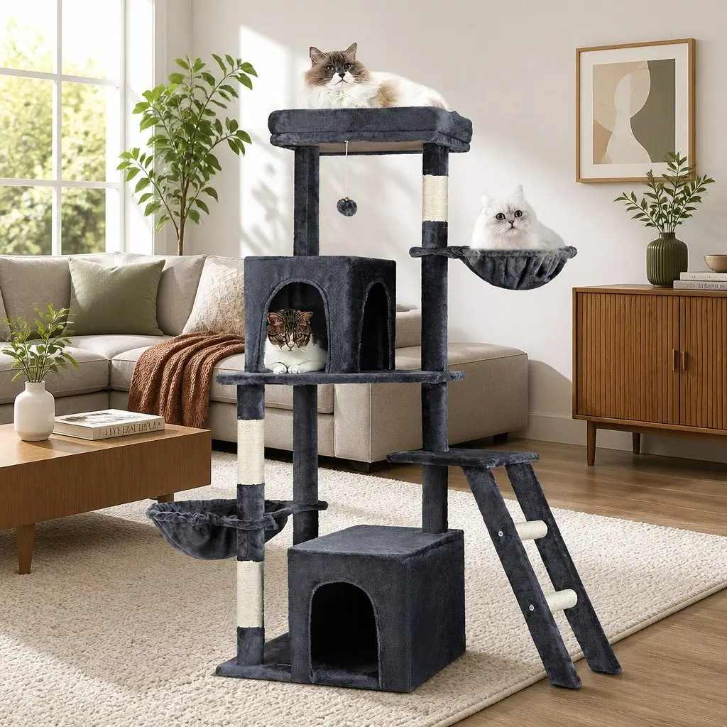 Cat Tree Tower Scratching Post Condo 138cm Grey Multi-Level Climbing House
