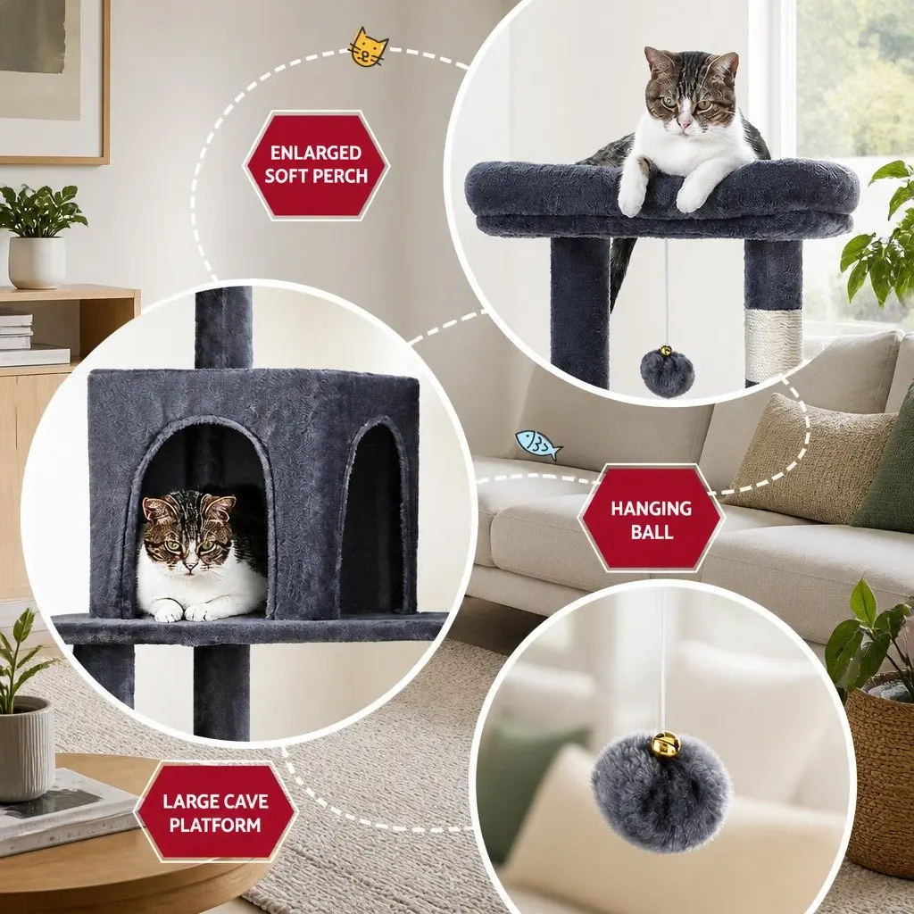 Cat Tree Tower Scratching Post Condo 138cm Grey Multi-Level Climbing House