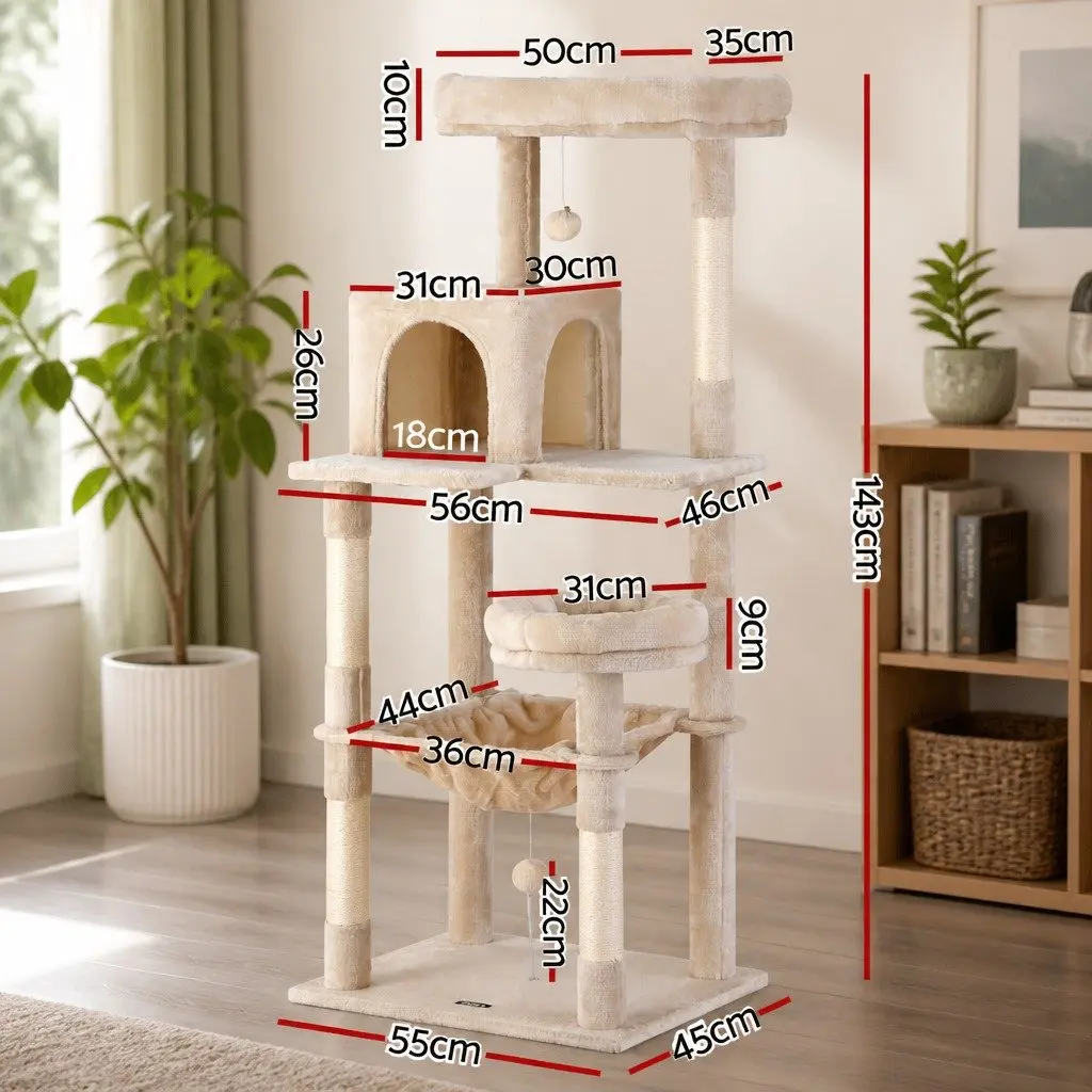 Cat Tree Tower for Cats 143cm Multi-Level Scratching Post Condo House