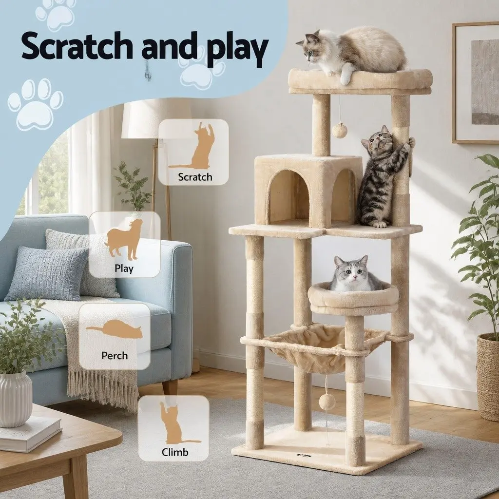 Cat Tree Tower for Cats 143cm Multi-Level Scratching Post Condo House