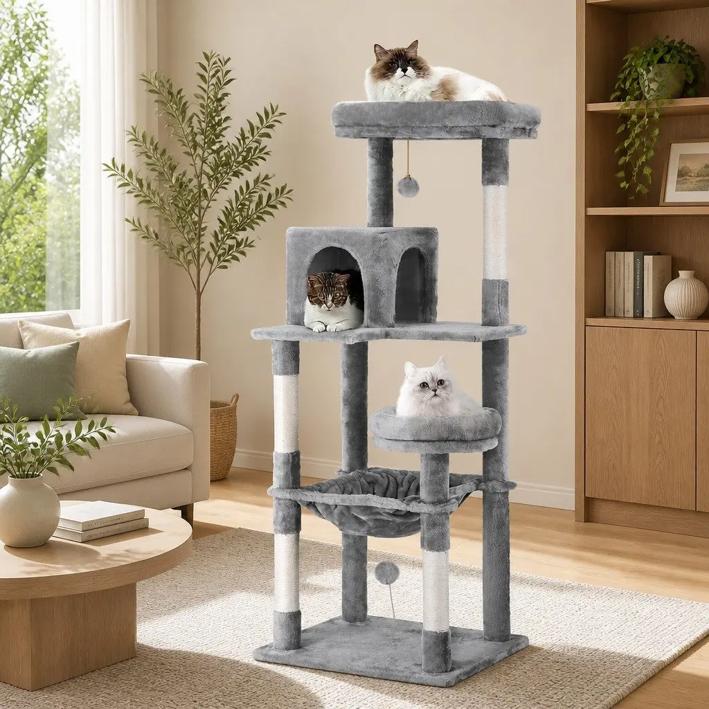 Cat Tree Scratching Post Condo House Multi-Level 143cm Grey Wooden Pet