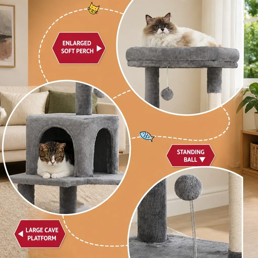 Cat Tree Scratching Post Condo House Multi-Level 143cm Grey Wooden Pet