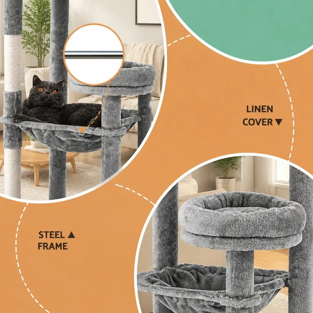 Cat Tree Scratching Post Condo House Multi-Level 143cm Grey Wooden Pet