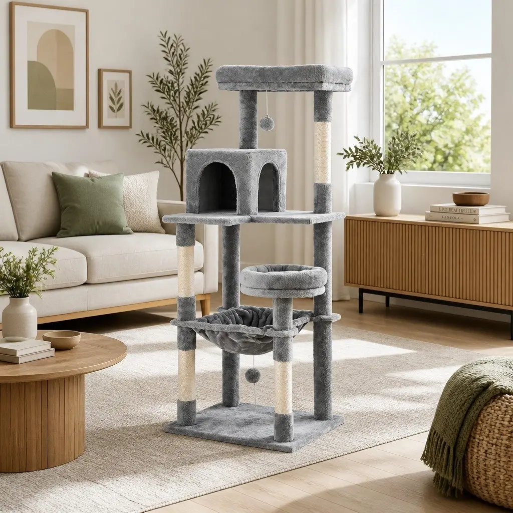 Cat Tree Scratching Post Condo House Multi-Level 143cm Grey Wooden Pet