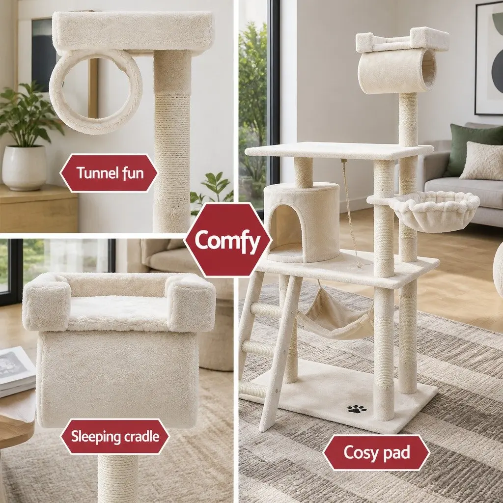 Cat Tree 141cm Medium Scratching Post Tower Condo with Sisal Poles Plush Bed