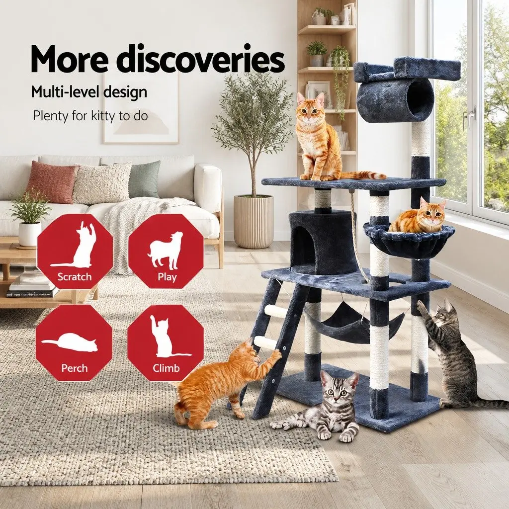 Cat Tree Tower 141cm Scratching Post Condo Perch Bed Plush Cover Grey