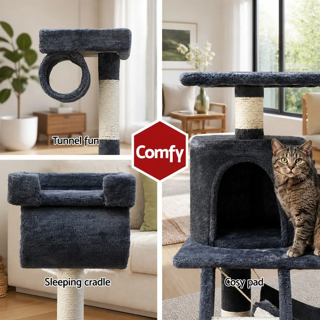 Cat Tree Tower 141cm Scratching Post Condo Perch Bed Plush Cover Grey