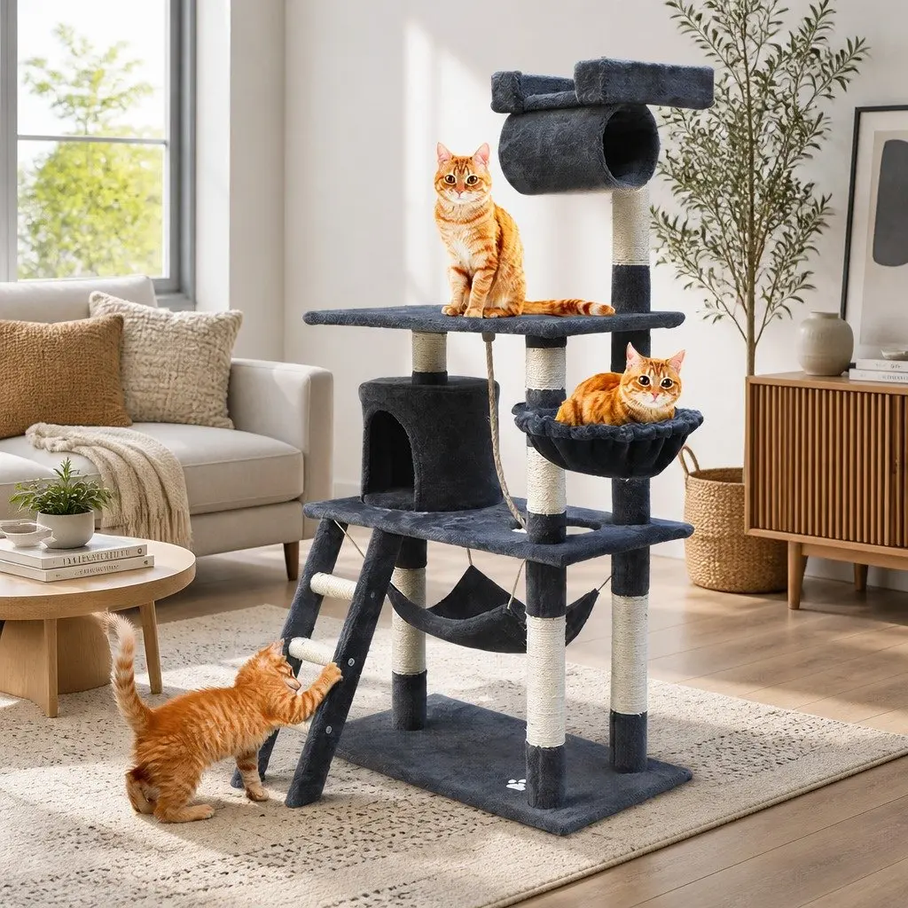 Cat Tree Tower 141cm Scratching Post Condo Perch Bed Plush Cover Grey