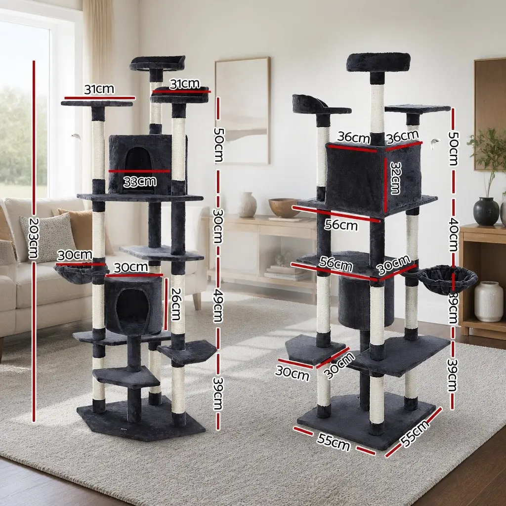 Cat Tree 203cm Tower Scratching Post Condo House Bed Multi-Level Climbing Grey
