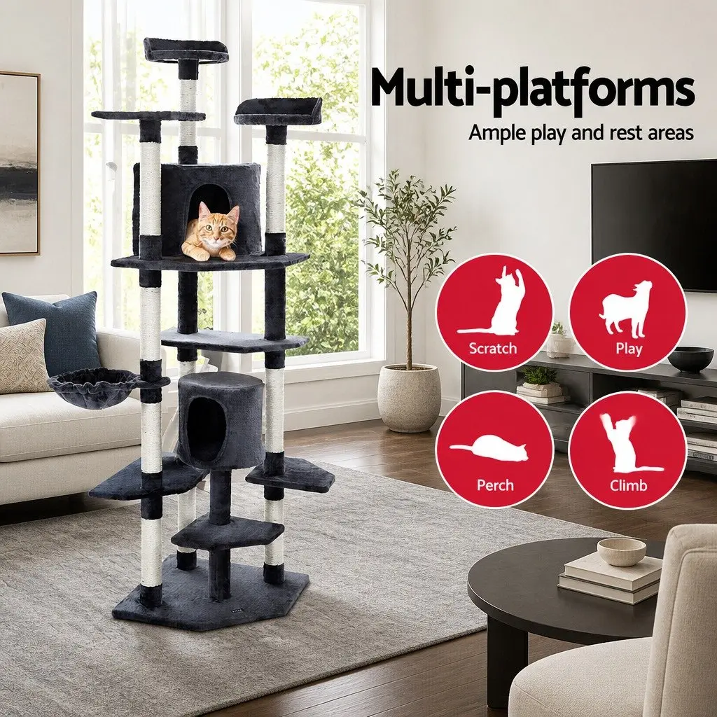 Cat Tree 203cm Tower Scratching Post Condo House Bed Multi-Level Climbing Grey