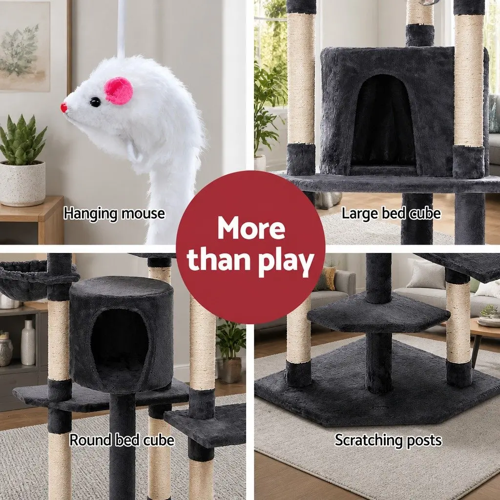 Cat Tree 203cm Tower Scratching Post Condo House Bed Multi-Level Climbing Grey