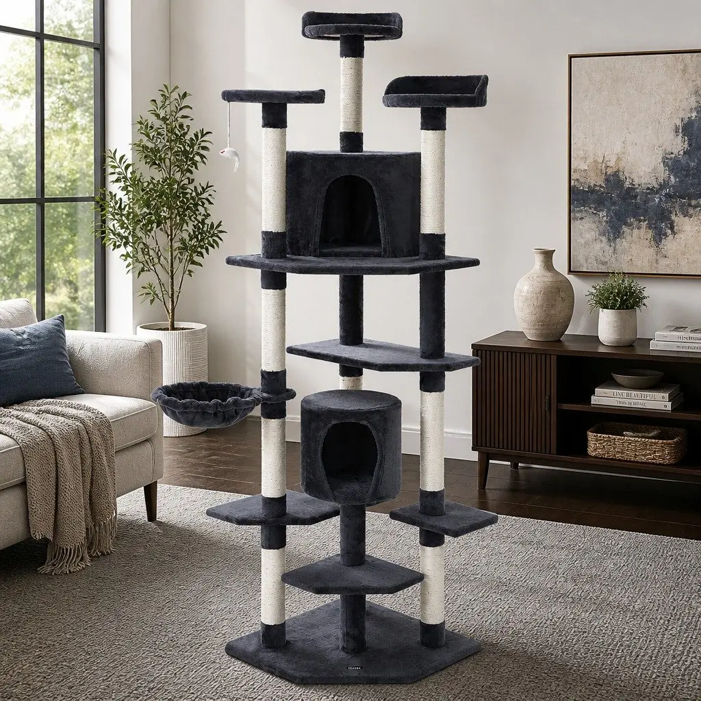 Cat Tree 203cm Tower Scratching Post Condo House Bed Multi-Level Climbing Grey