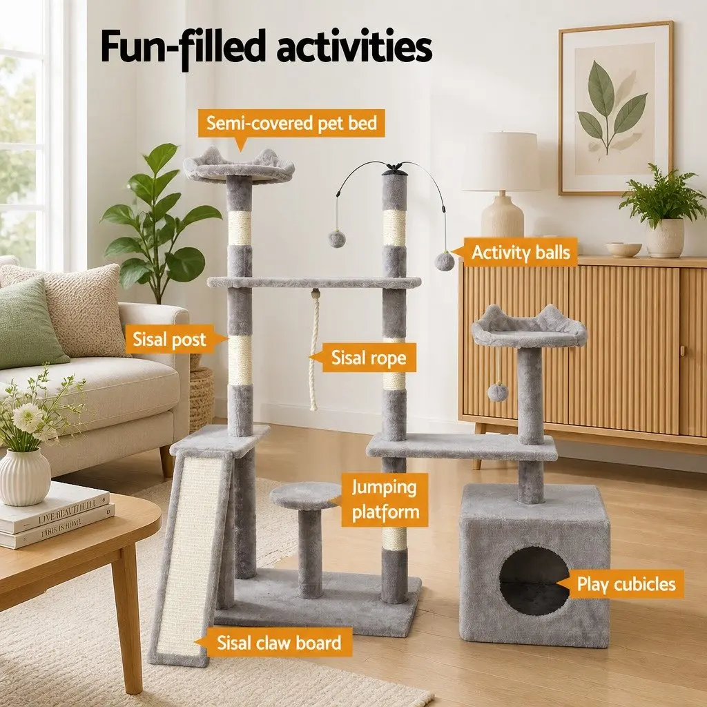 Cat Tree 135cm Scratching Post Tower 4-Level Condo House Grey Wood Toys Climbing